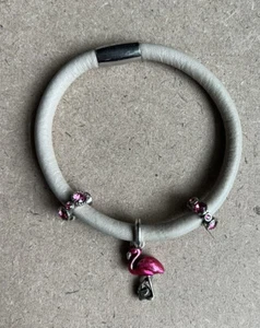Brighton WOODSTOCK Leather Tan Bracelet Pink Flamingo Rhinestone - Picture 1 of 8