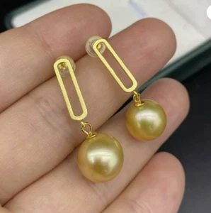 Schöne AAA++11-12mm natürliche Südsee Gold Perlen Ohrringe 14K - Bild 1 von 5