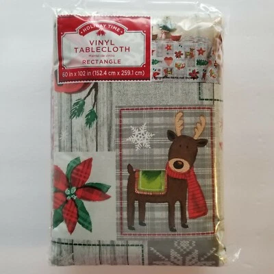 Country Christmas Homespun Patch Vinyl Tablecloth 60 x 102 Gray Red Holidays NEW - Image 1 of 4