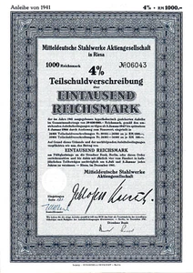 € 1 ungelocht Mitteldeutsche Stahlwerke AG Riesa Sachsen histor. Anleihe 1941 - Bild 1 von 1