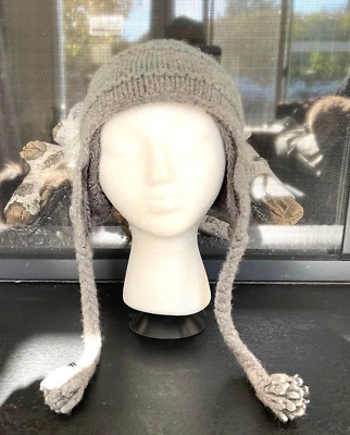 Turtle Fur Women's gray Wool blend Knit Ear Flap Hat braided ties small warm - Image 1 of 4