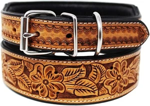 Western Floral Hand Tooled Strong Genuine Leather Dog Collar - Picture 1 of 2