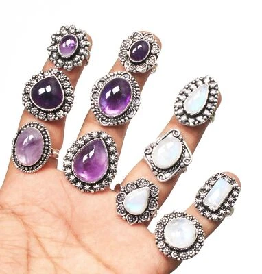 Lote de anillos de plata de ley 925 genuinos de amatista natural y piedra lunar ~ Regálalala ~ Foto 1 de 3