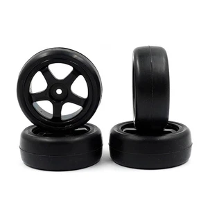 Ride Pre-Glued Belted Slick Tires 4 pcs w/ 5 Spoke Black Rim For 1/10 RC # 36087 - Picture 1 of 2