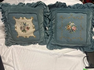 Vintage Floral Needlepoint 2 Pillows, Aqua/ Teal Velvet Front & Back 14” - Picture 1 of 7