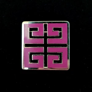 Givenchy Square Logo Pin Brooch Silvertone Purple Enamel Signed Designer Modern - Picture 1 of 7