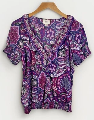 eci New York Purple Gray Blouse Top Elastic Cuff & Waist Hem Ruffles Women’s 8 - Image 1 of 4