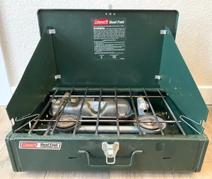 Estufa de campamento Coleman Dual Fuel 424 vintage verde Y2K HECHA EN EE. UU. doble quemador - Imagen 1 de 8