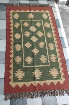 Rug Wool Jute Rug Natural Handwoven Living Carpet Vintage Kilim Rug Traditional - Image 1 of 4