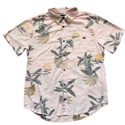 Billabong Hawaiian Shirt Mens Sz L Pink Short Sleeve Button Up Banana Trees Sun - Image 1 of 4