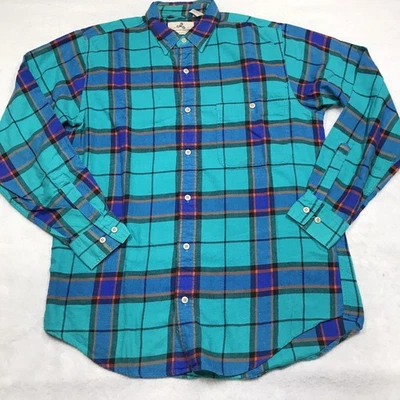 Camisa de Franela Años 80 EASTERN MOUNTAIN SPORTS Hombres M Cian Verde Naranja Cuadros Retro Foto 1 de 4