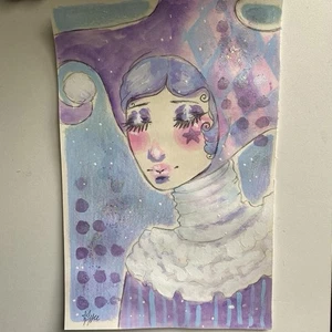 Celestial Jester Circus Clown Fantasy Painting On 6x9 Watercolor Paper - Picture 1 of 8