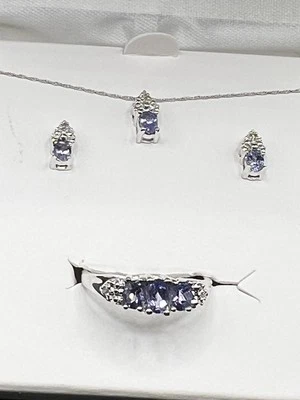 10k White Gold Tanzanite Necklace Earring Ring Size 7 Set New In Box  - Image 1 of 4
