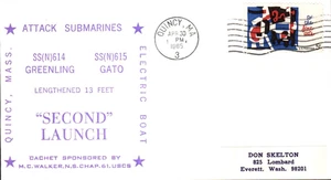 USS GREENLING SSN-614 / GATO SSN-615 30 DE ABRIL 1965 QUINCY MA SEGUNDO LANZAMIENTO CACHÉT - Imagen 1 de 1