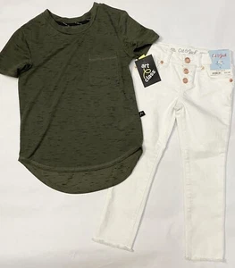Size 4 Cat & Jack White Skinny Crop Pants & Size XS 4/5 Art Class Green Shirt - Picture 1 of 10