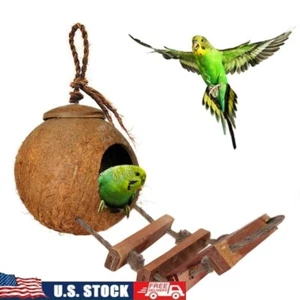 Natural Coconut Shell Bird House W/ Ladder Small Birds Hideaway & Treat Holder - Picture 1 of 5