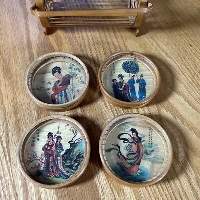 Juego de Posavasos Boho Retro Colección Geisha Japonesa Bambú Ratán Colección Foto 1 de 4
