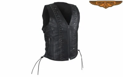Women's Leather Motorcycle Vest – Satin Nickel Studs – Premium Biker Gear S,M,L - Image 1 of 4