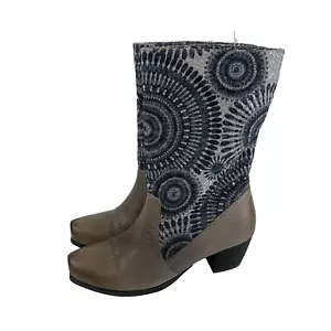 Spring Step Peru Mid Boot Pull On Gray Leather Blue Pattern Lined Heel 39 8.5 - Picture 1 of 16