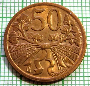 CZECHOSLOVAKIA 1947 50 HALERU Double-Tailed Lion LINDEN BRANCH & WHEAT Brass UNC - Picture 1 of 6