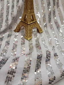 Silver Sequin Embroidered on White Jersey knit Fabric by The Yard Stretch Fashio - Picture 1 of 12