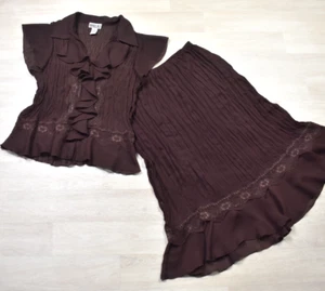 Y2K Bobbie Brooks gonna midi blusa set volant pizzo boho marrone taglia 6 vintage anni 2000 - Foto 1 di 7