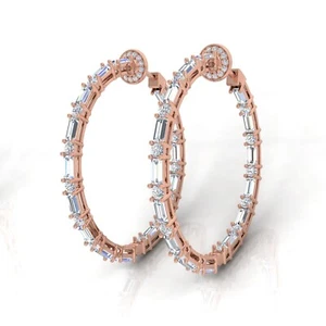 6.20 Ct Lab Grown CVD Baguette Diamond Round Hoop Earrings 18k Rose Solid Gold - Picture 1 of 9