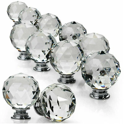 CLEAR CRYSTAL DIAMOND GLASS DOOR KNOBS CUPBOARD DRAWER FURNITURE HANDLE CABINET - Image 1 of 4