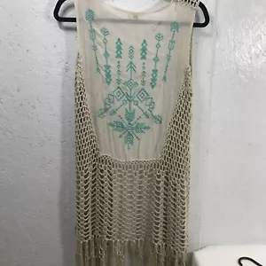 Kori America M/L Vest Womens fringe teal embroidery open vest Sweater - Picture 1 of 6