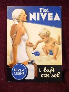 LADY w CHILD VINTAGE ADVERTISING NIVEA CREME CARDBOARD STORE SIGN SWEDEN SWEDISH - Picture 1 of 3