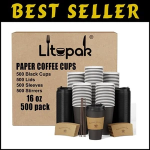500 Stück 16 Unzen Schwarz Einweg Kaffeebecher mit Deckel & Hüllen für Bequemlichkeit - Bild 1 von 9