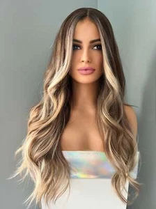 Long Brown Wig With Highlights, 26 Inch Natural Looking Wig - Picture 1 of 7