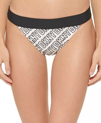 Dkny Women's White Logo Print Low Rise Contrast Waistband Bikini Bottom Size M - Image 1 of 3