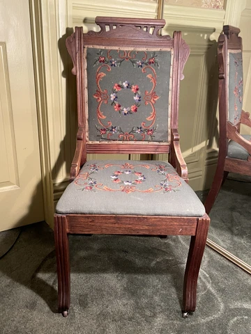 Antique Victorian Eastlake Mahogany  Vanity Side Dining Chair With Needle Point Cover