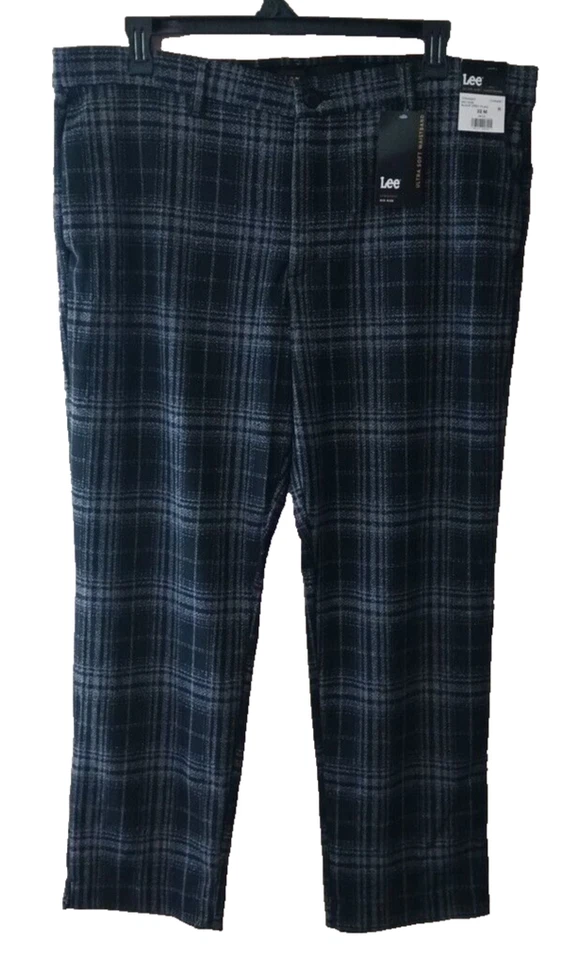 Lee Pants Womens Comfort Waist PLAID Knit Straight Leg Black Grey Size 22