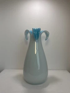 Hand Blown White Turquoise Flower Shaped Glass Vase by Gorgeous Designs w/Label - Picture 1 of 10