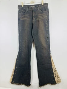 NWOT Younique Rivet Suede Y2K Flare Jeans Blue Brown 11 28 - Picture 1 of 4