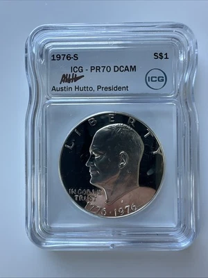 1976 S Eisenhower Dollar Silver ICG PR70 DCAM Brilliant White AUSTIN HUTTO SIGN~ - Image 1 of 4