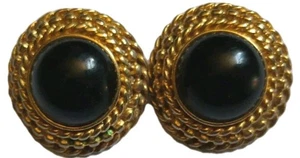 Vintage Les Bernard Round Black Cabochon Gold Tone Rope 1980s Statement Earrings - Picture 1 of 14