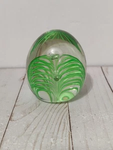 Glass Green Swirled Paperweight Controlled Bubbles 3 1/2” Egg Shape  - Picture 1 of 13