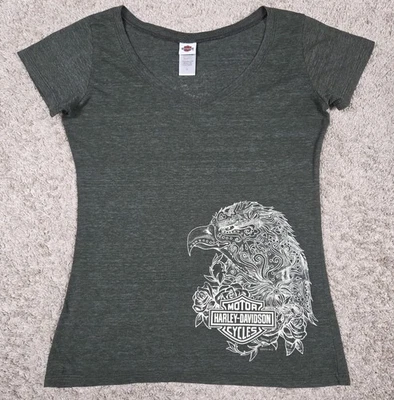 Camiseta Harley Davidson para mujer con cuello en V grande verde manga corta estampado de águila Foto 1 de 4