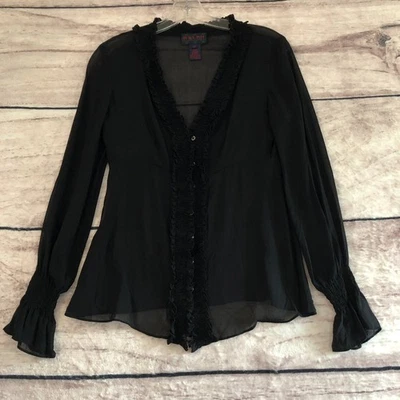 Vtg Ralph Lauren Top XS Womens Black Sheer Chiffon Ruffle Button Up Blouse Y2k - Image 1 of 4