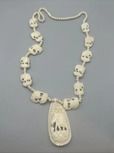 Vintage ethnic bead necklace carved elephant #862 - Picture 1 of 7
