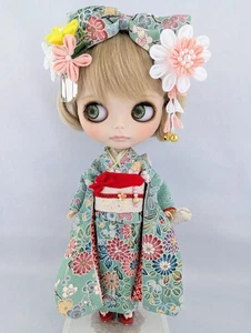 Blythe doll Outfit only Mint green Silk Kimono with hair accessory OOAK from JP - Picture 1 of 24