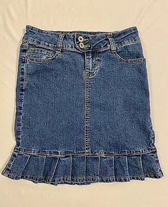 Angels Ladies Junior Denim Mini SKIRT-3-Blue Cotton Stretch-Buttons-Zip-Ruffles - Picture 1 of 8