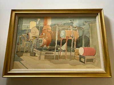 Mid Century Painting Industrial Antique Factory Modernism Expressionism Urban - Image 1 of 4