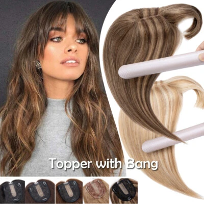 Topper con flecos flequillos real Remy pinza de cabello humano en base de seda peluca para el cabello EE. UU. Foto 1 de 4
