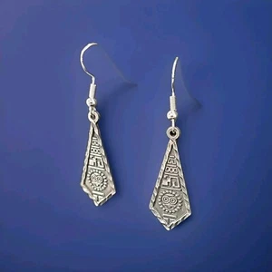 Vintage 950 Silver Mexican Aztec Dangle Drop Earrings Hook 1.5" Ornate Detailed - Picture 1 of 14