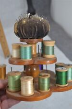 sewing stand thread holder pin cushion spools hand made 6x6 in wood 1900 antique