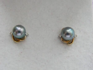 18K/750 Gelbgold Japanische Akoya 6mm Grau Perle & Diamant Spirale Ohrstecker - Bild 1 von 9